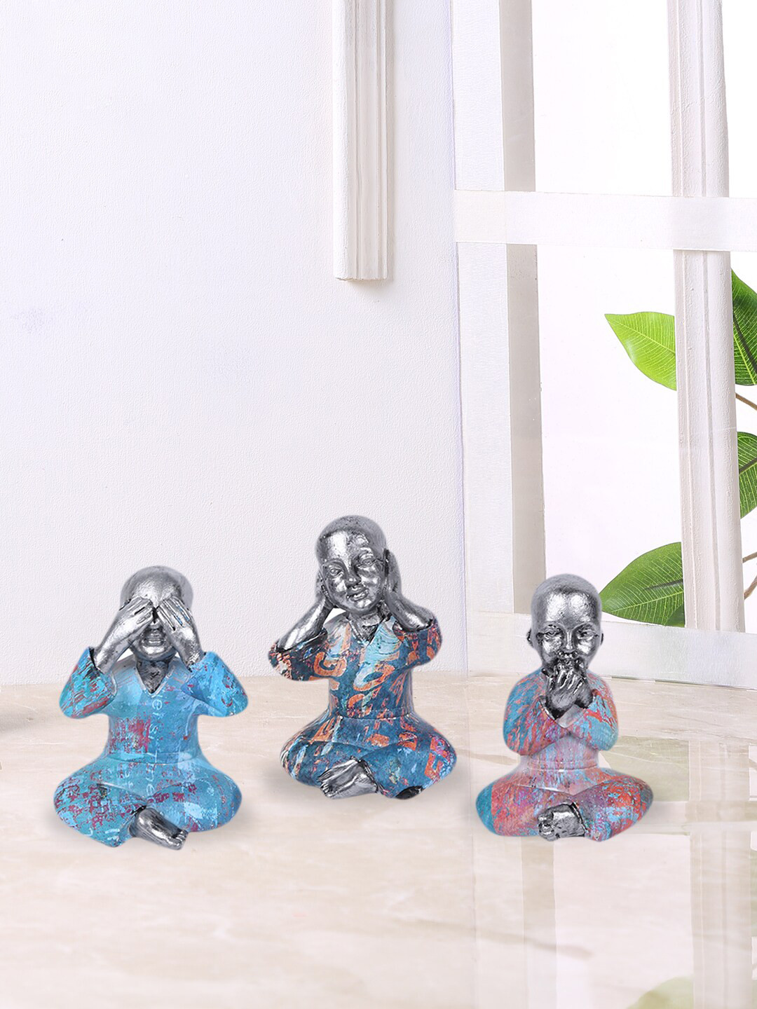 TAYHAA Buddha's Blue Resin Natural Living Room Set of 3 Tiny Showpieces - 3.1 Inches