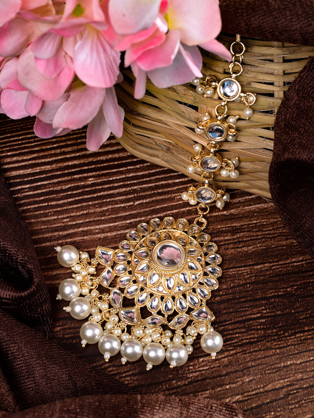 Saraf RS Jewellery Gold-Plated AD-Studded & Beaded Maang Tikka