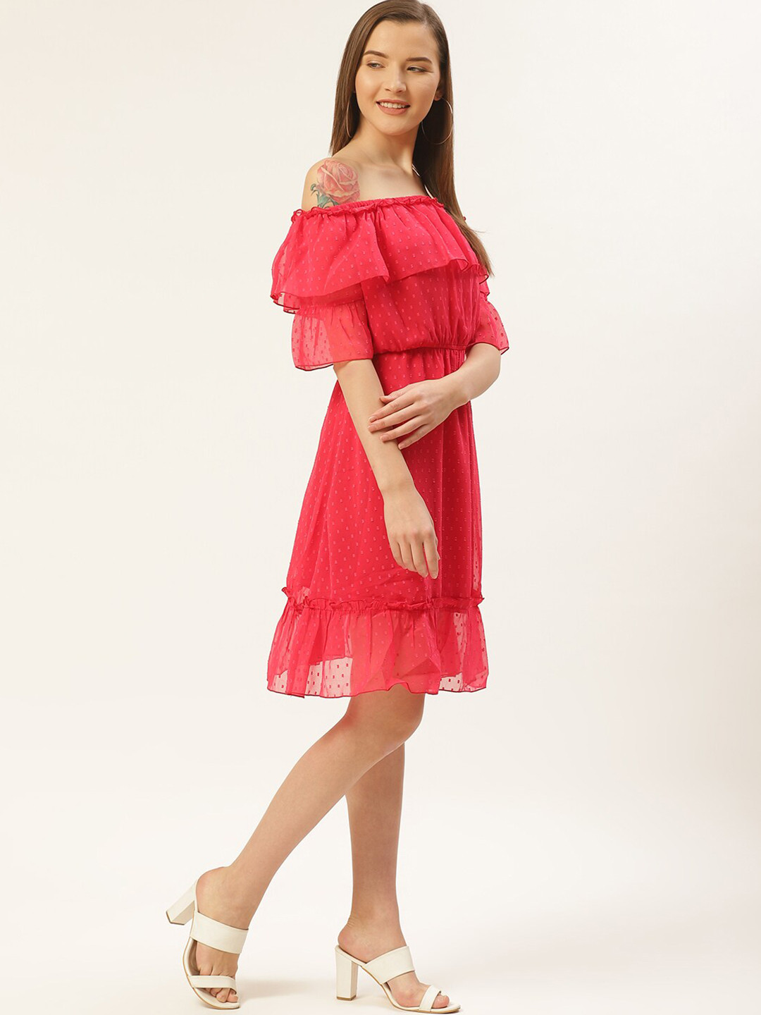 DODO & MOA Self Design Off-Shoulder A-Line Dress