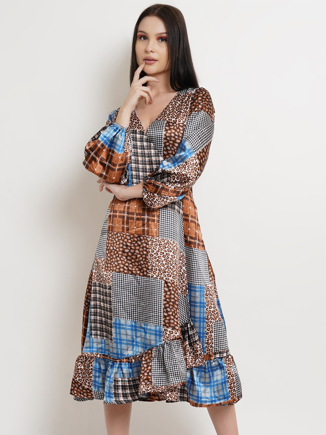 DODO & MOA Checked Satin Midi Dress