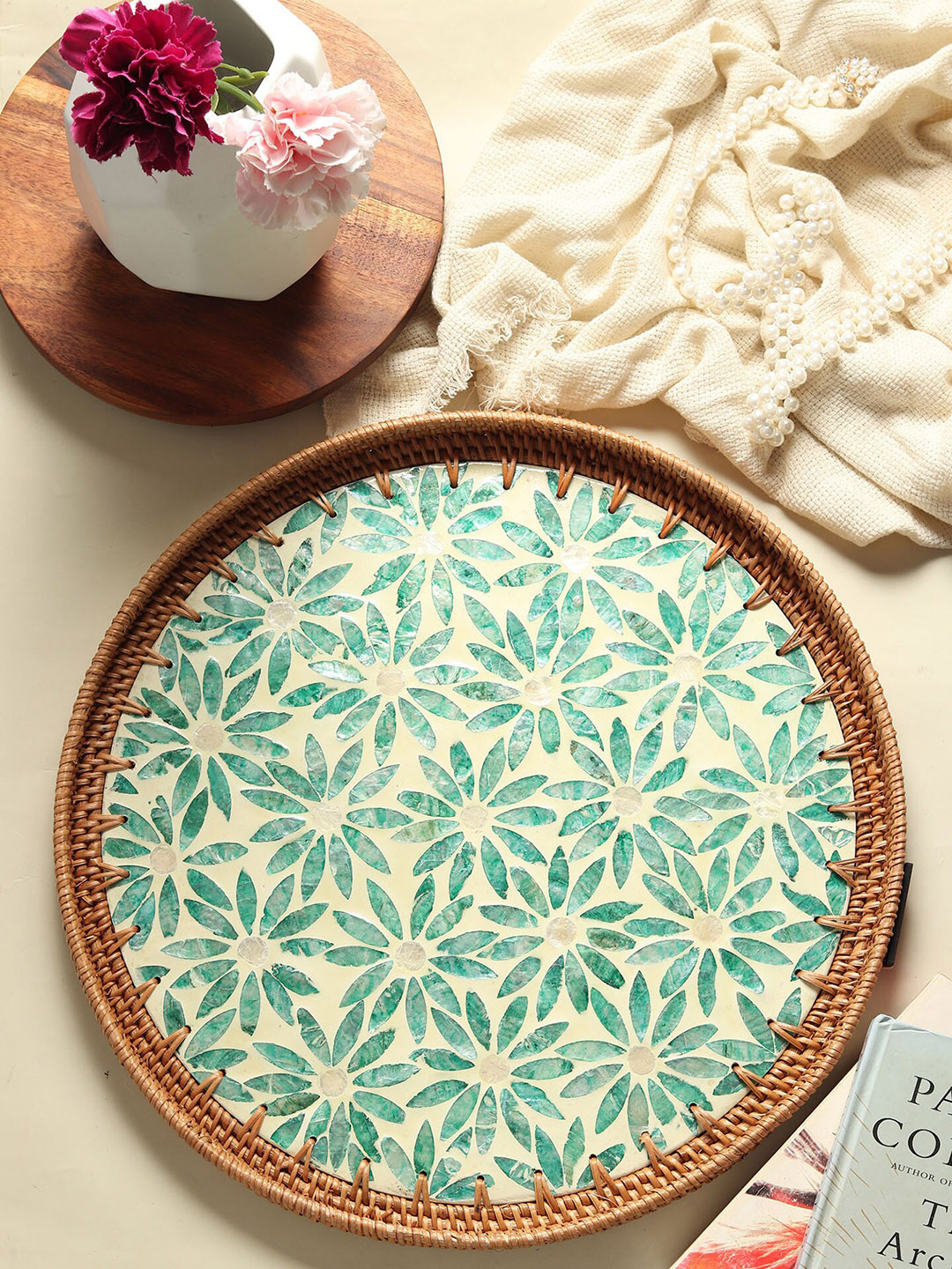 HABERE INDIA Brown & Green Mosaic Printed Large Rattan Tray