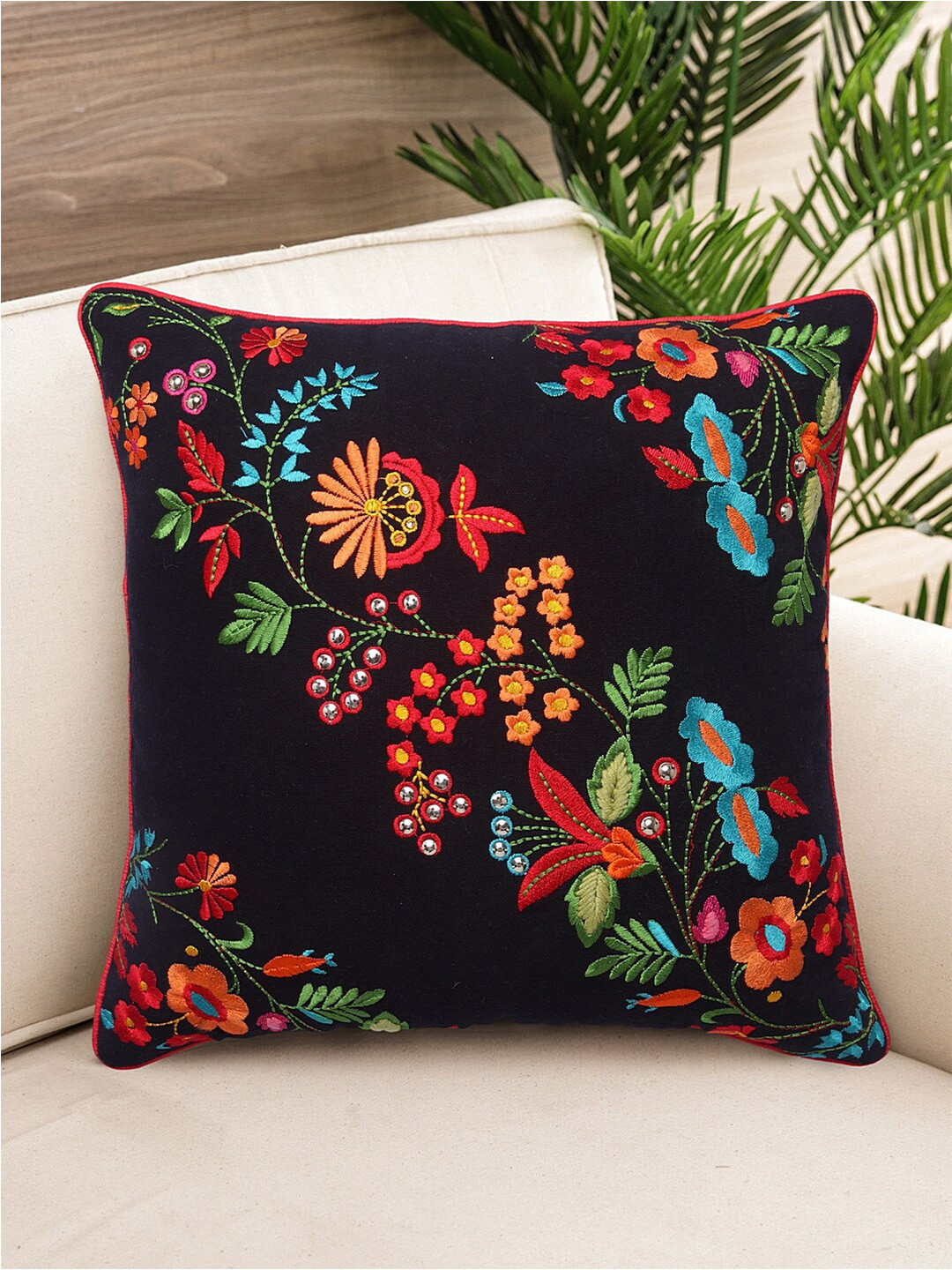 NISRAG HOME Black & Red Floral Embroidered Square Cushion Cover