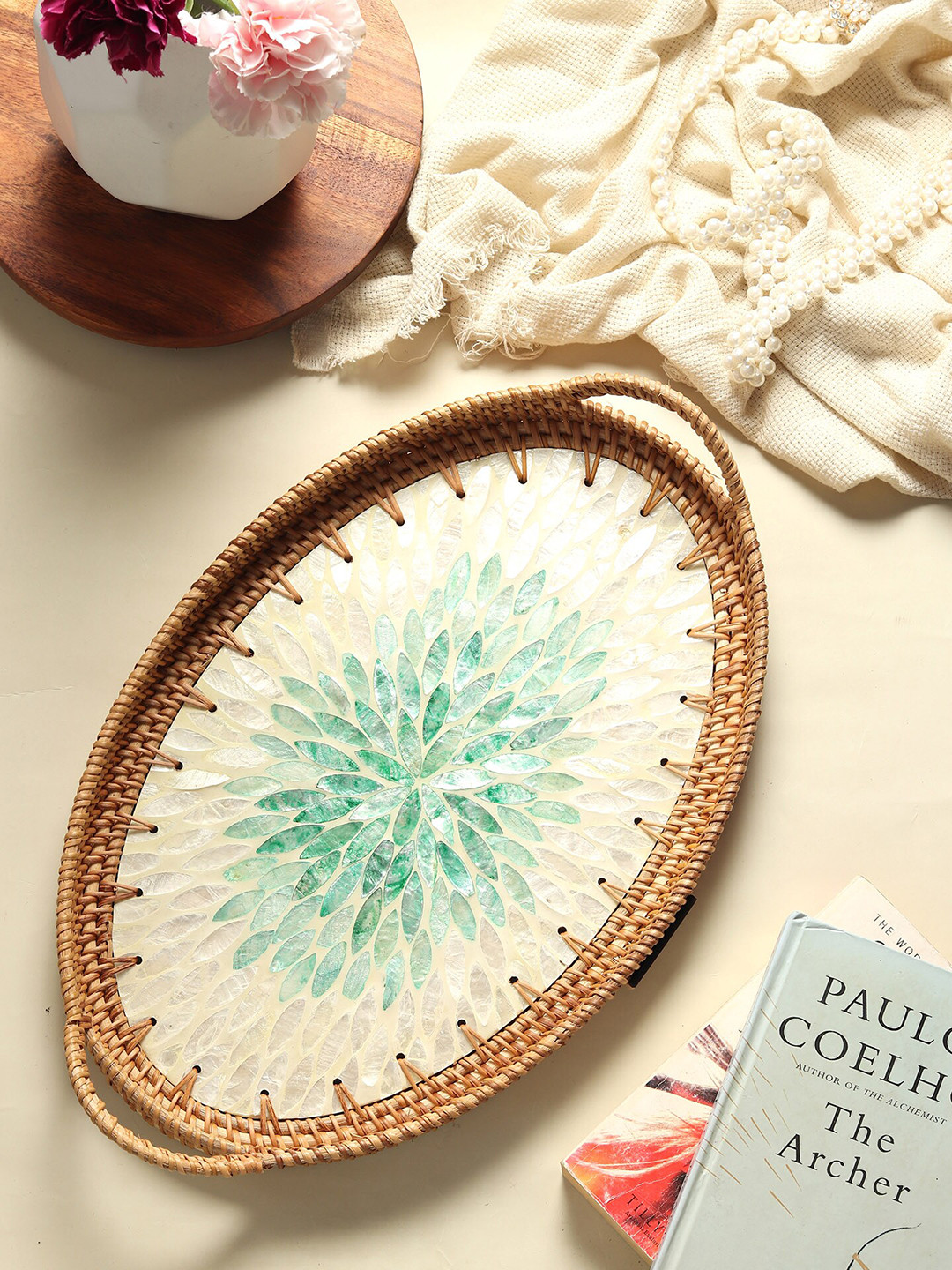 HABERE INDIA Brown & Green Printed Mosaic Work Oval Rattan Small Wooden Tray