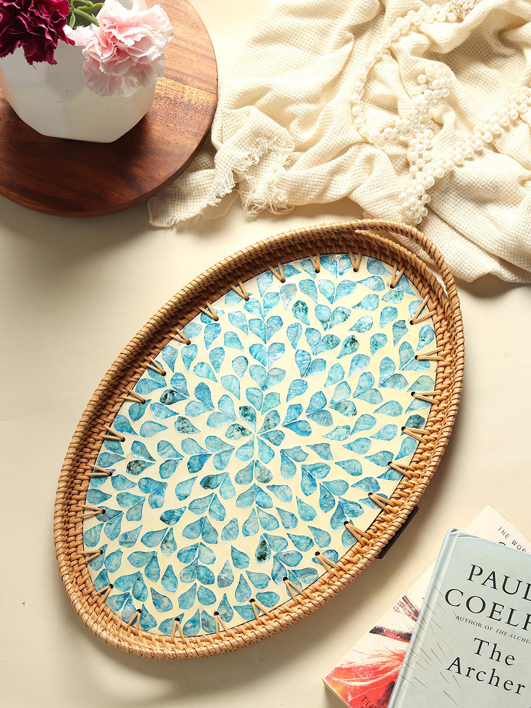 HABERE INDIA Brown & Blue Mosaic Printed Oval Rattan Medium Wooden Tray
