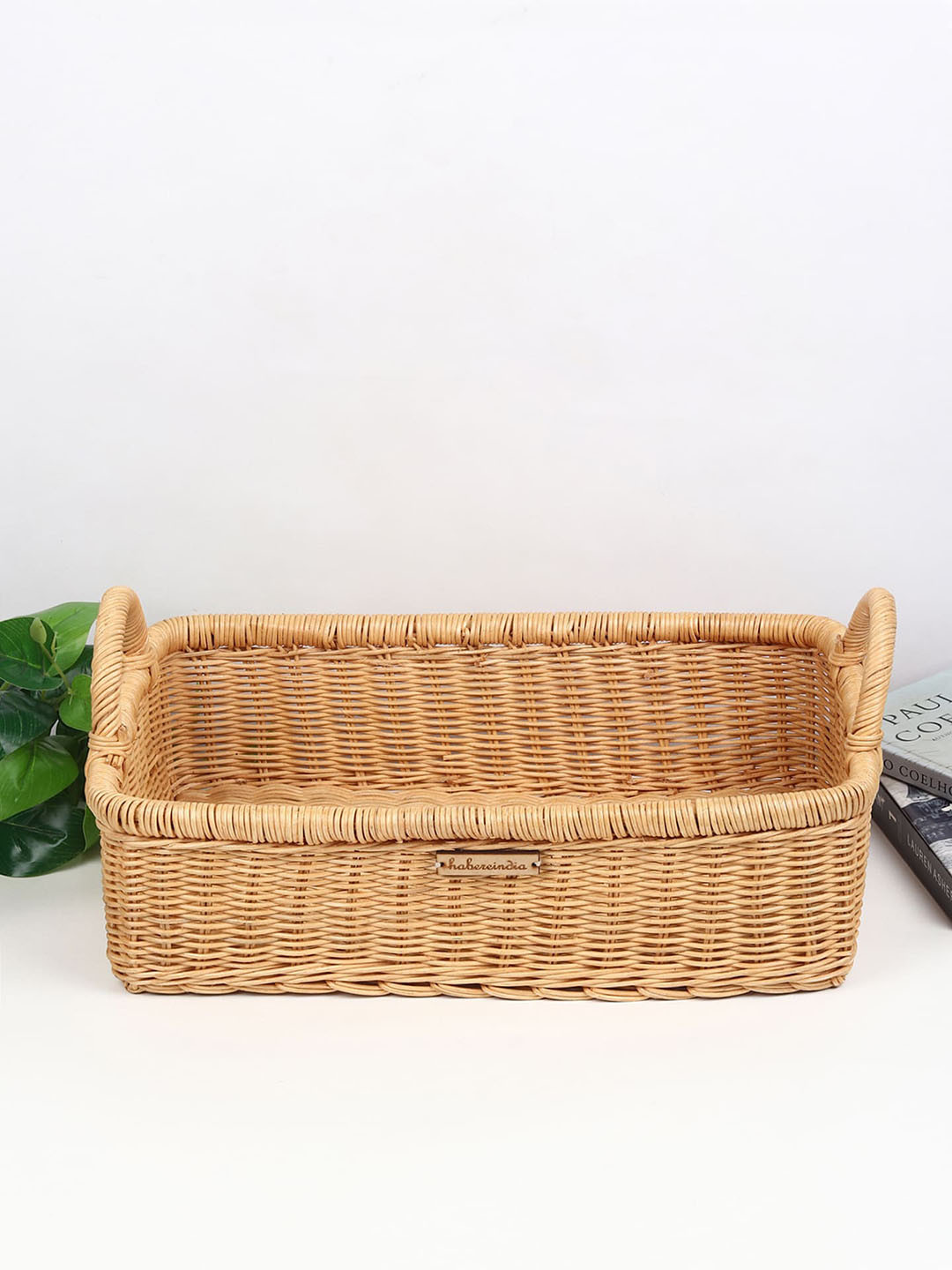 HABERE INDIA Wicker Beige Tray with Side Handles