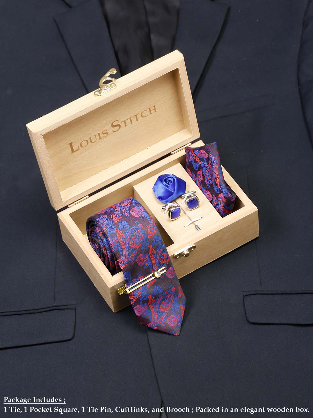 LOUIS STITCH Men Multicolor Purple Italian Silk Necktie Accessory Gift Set