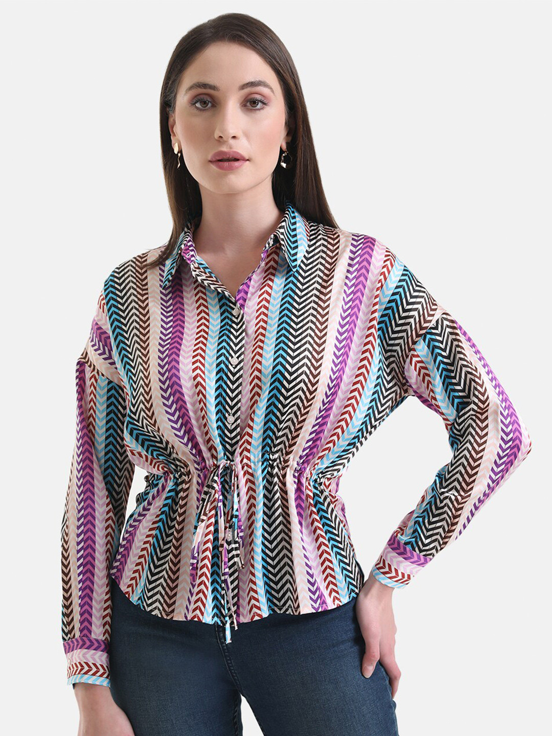Kazo Women Chevron Printed Drawstring Casual Shirt