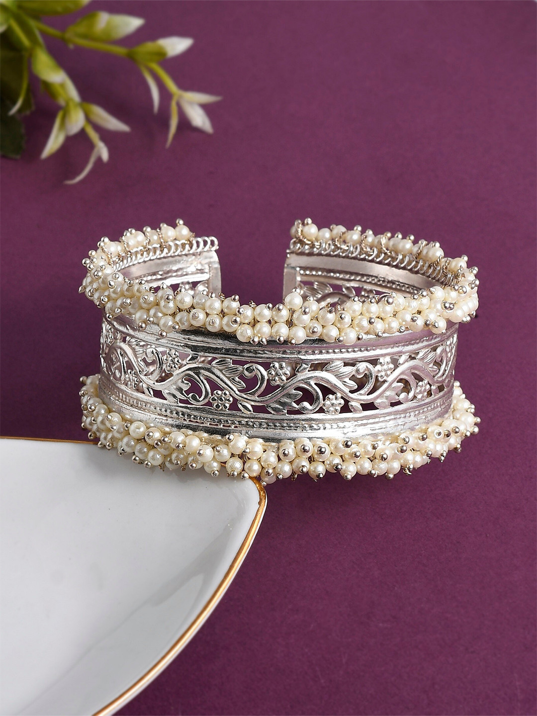 Silvermerc Designs Women Brass Enamelled Silver-Plated Bangle-Style Bracelet