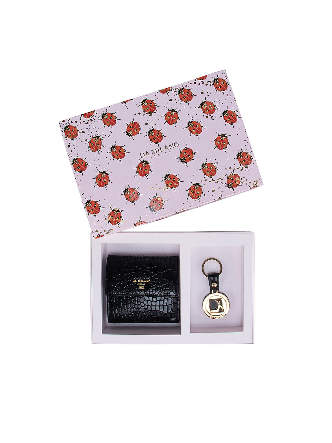 Da Milano Women Textured Leather Wallet and Keychain Accessory Gift Set