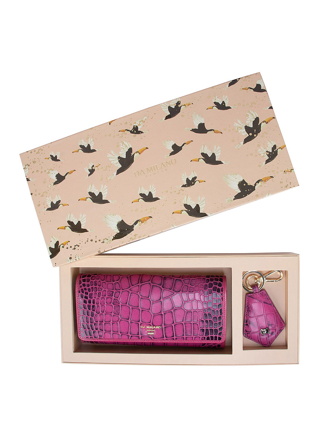 Da Milano Women Textured Leather Wallet and Keychain Accessory Gift Set