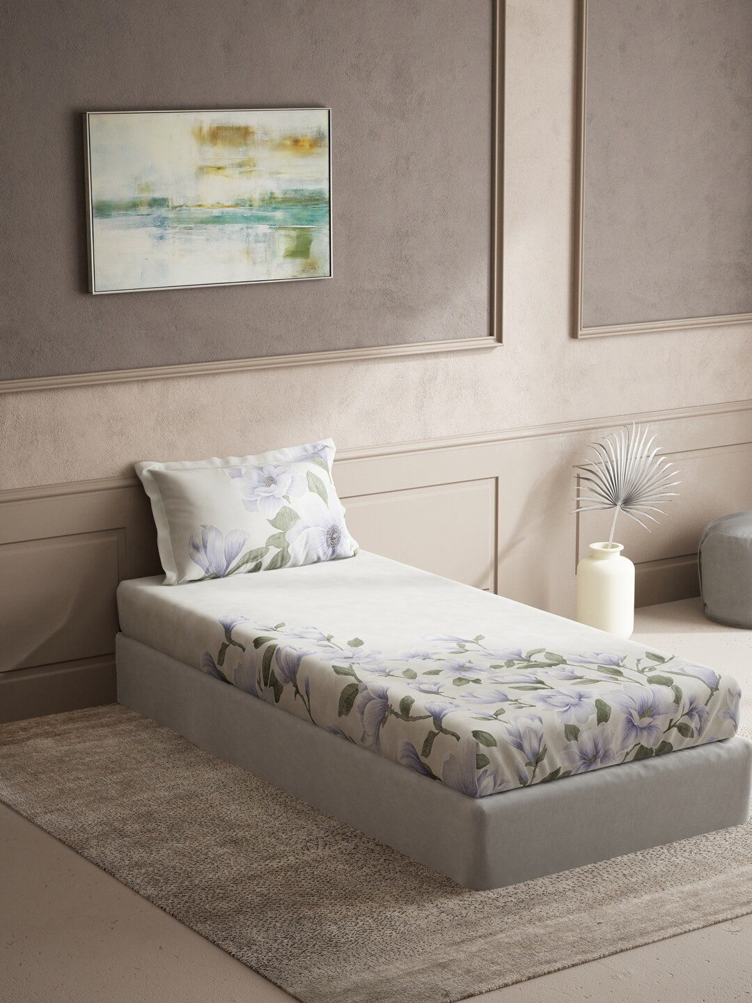 DDecor Live Beautiful Off White & Purple Floral 150 TC Flat Single Bedsheet & Pillow Cover