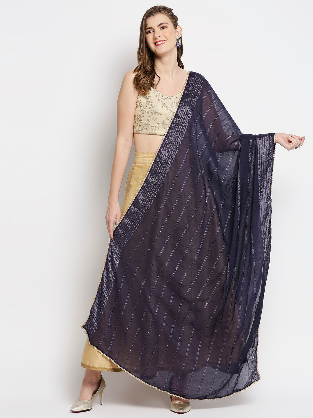 Dupatta Bazaar Striped Dupatta with Sequins Weaving