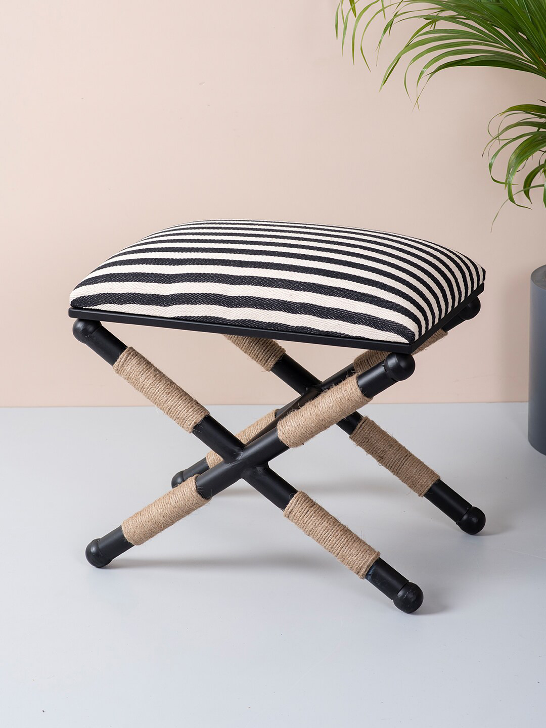 nestroots Black & White Striped Cross Design Legs Stool