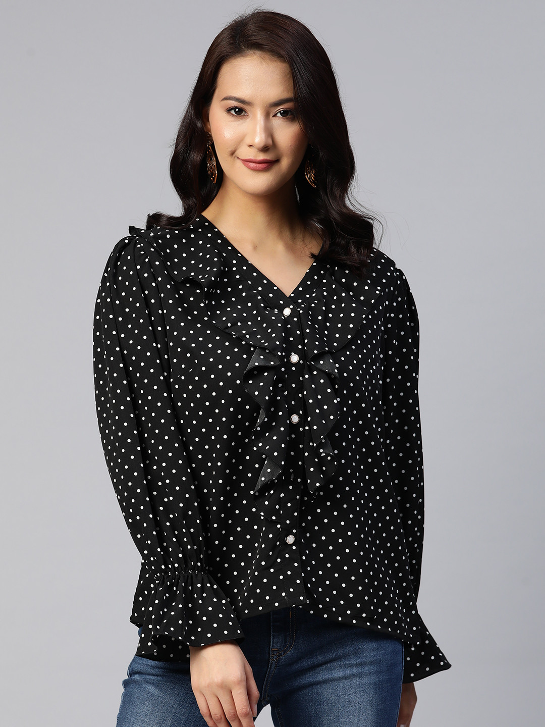 plusS Printed Bell Sleeves Ruffled Top