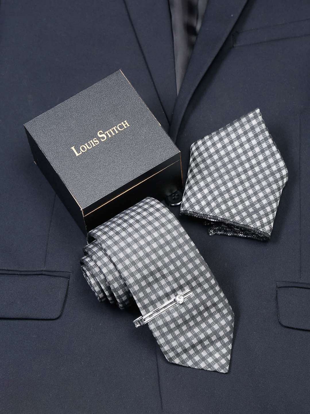 LOUIS STITCH Men Italian Silk Necktie With Pocket Square and Tiepin Accessory Gift Set
