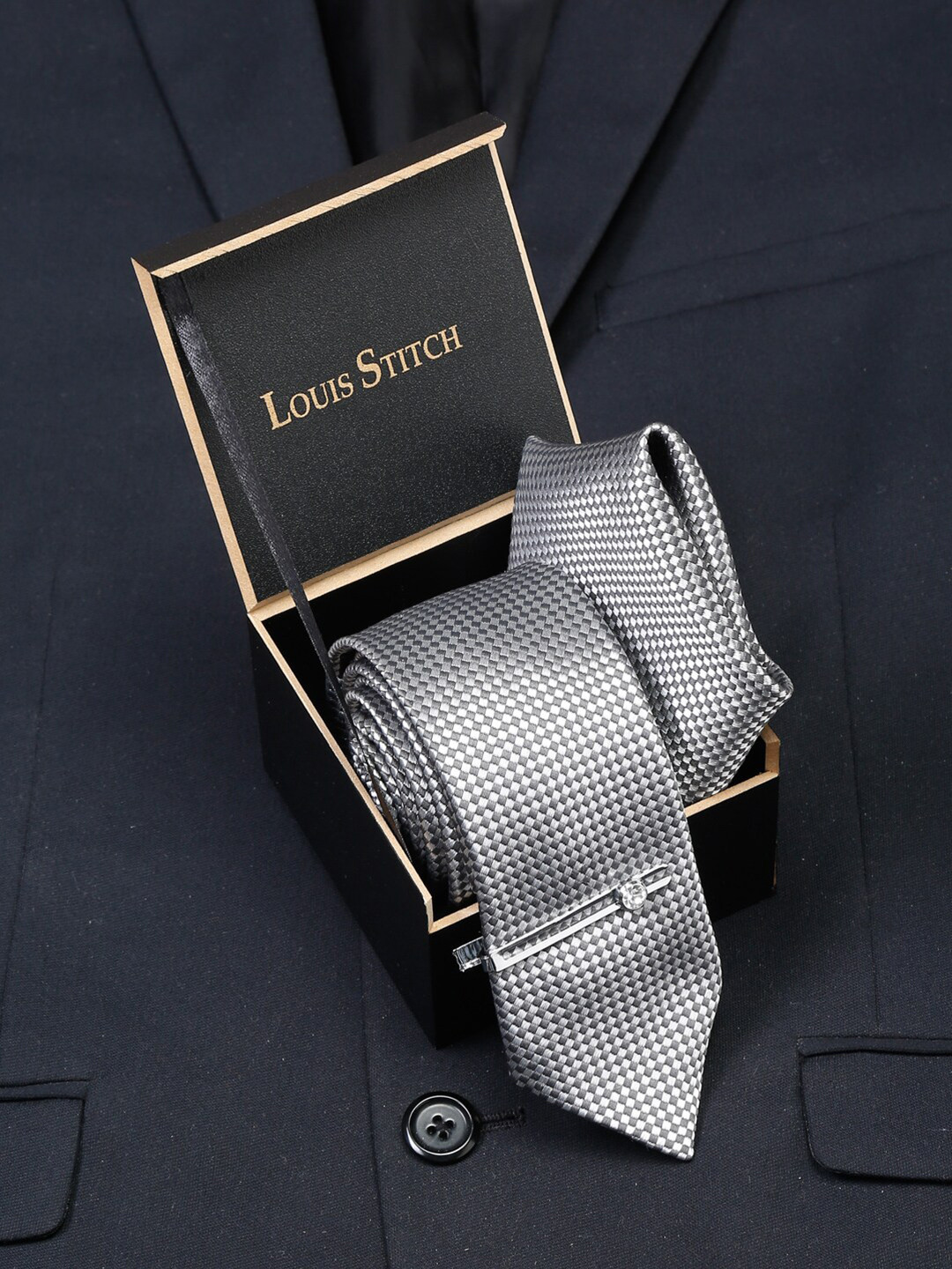 LOUIS STITCH Men Ash Grey Italian Silk Necktie Accessory Gift Set