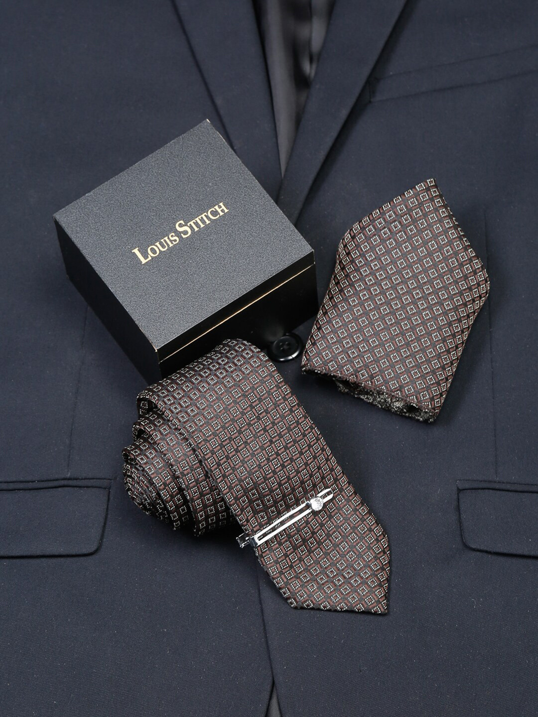LOUIS STITCH Men Chocolate Brown Italian Silk Necktie Accessory Gift Set