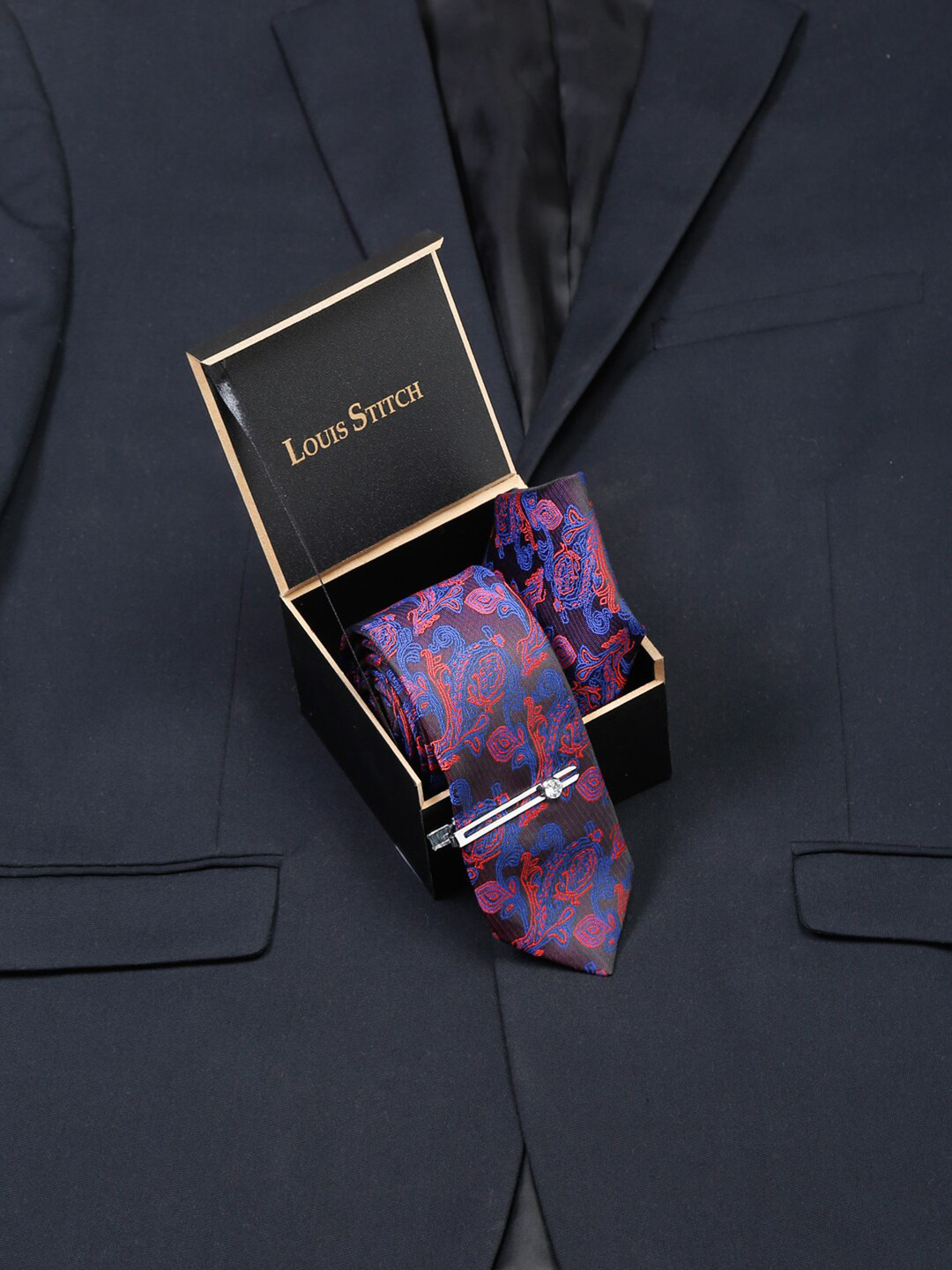 LOUIS STITCH Men Multicolor Purple Italian Silk Necktie Accessory Gift Set