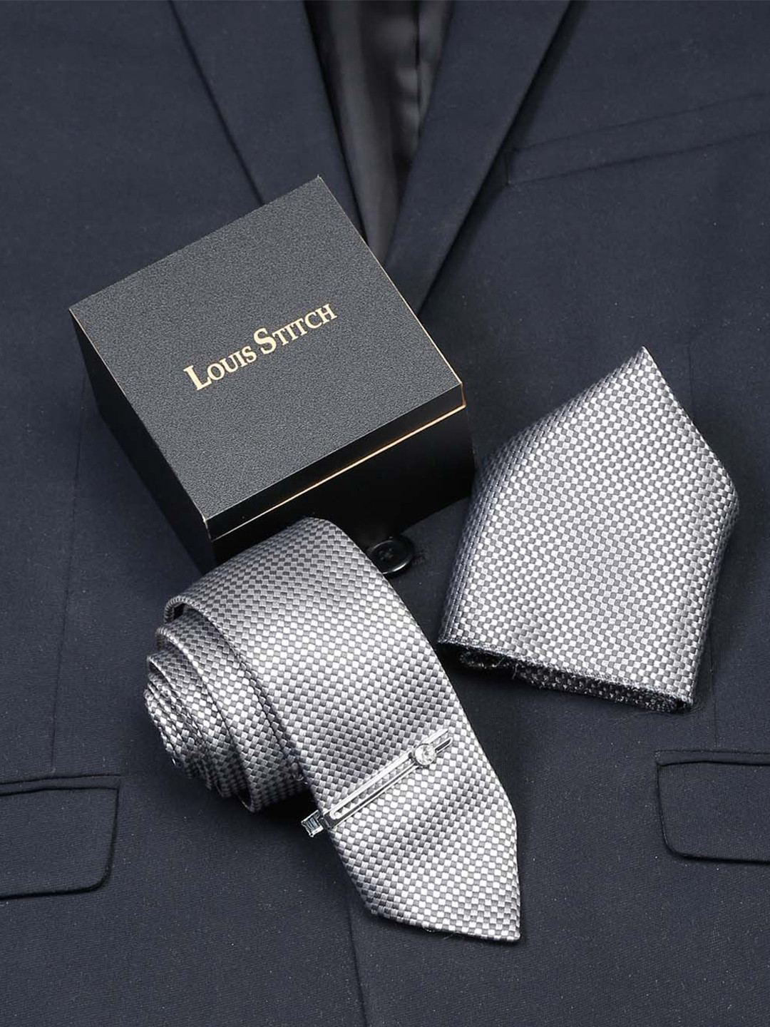 LOUIS STITCH Men Italian Silk Necktie With Pocket Square and Tiepin Accessory Gift Set