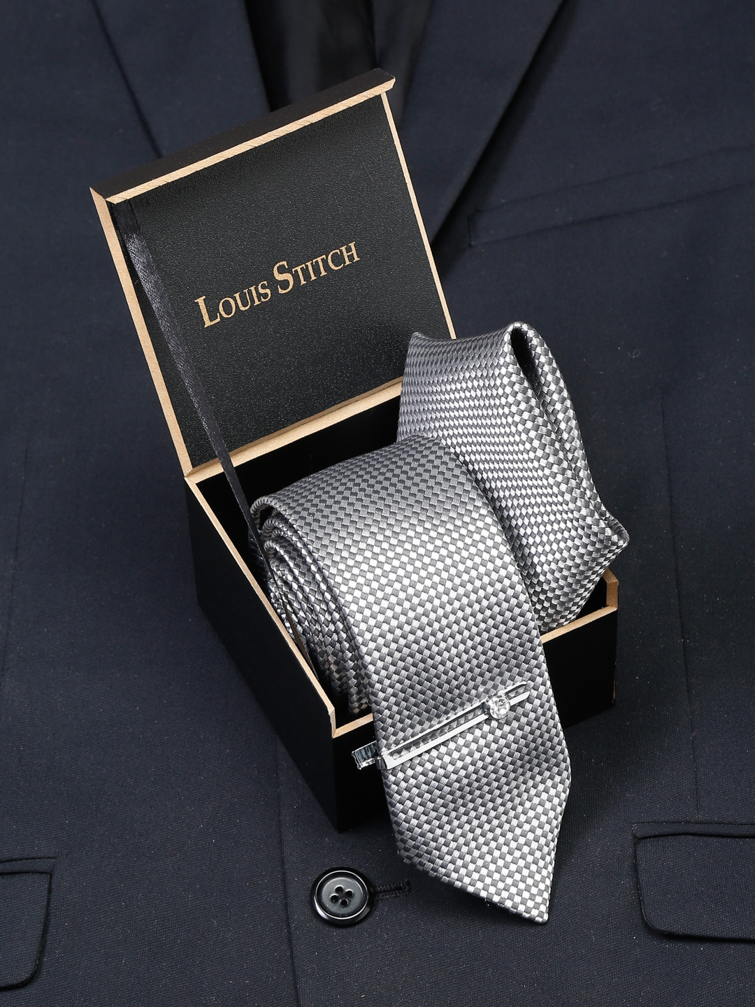 LOUIS STITCH Men's Checkered Black Italian Silk Necktie Accessory Gift Set