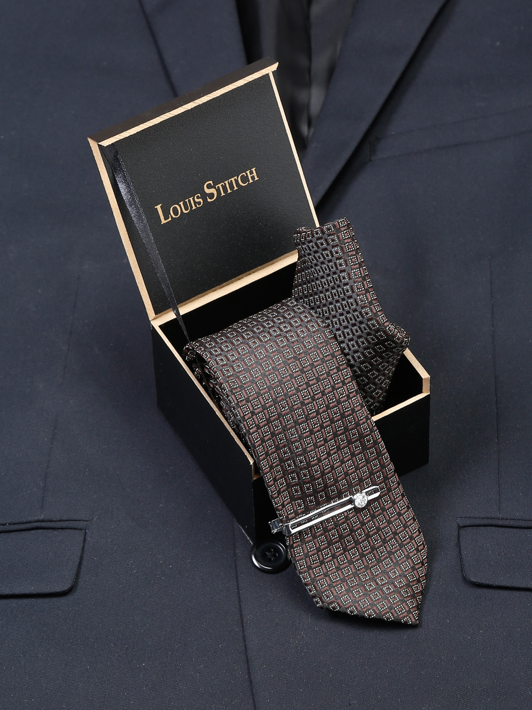 LOUIS STITCH Men Chocolate Brown Italian Silk Necktie Accessory Gift Set
