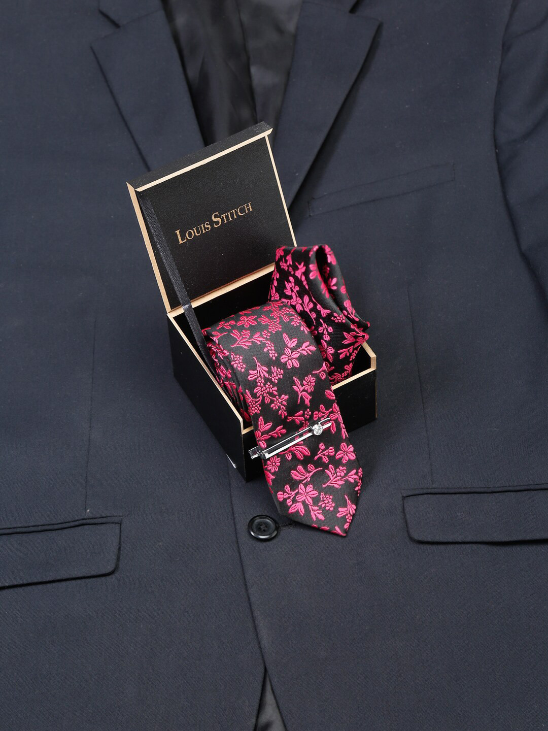LOUIS STITCH Mens Italian Silk Tie With Pocket Square & Tiepin Set
