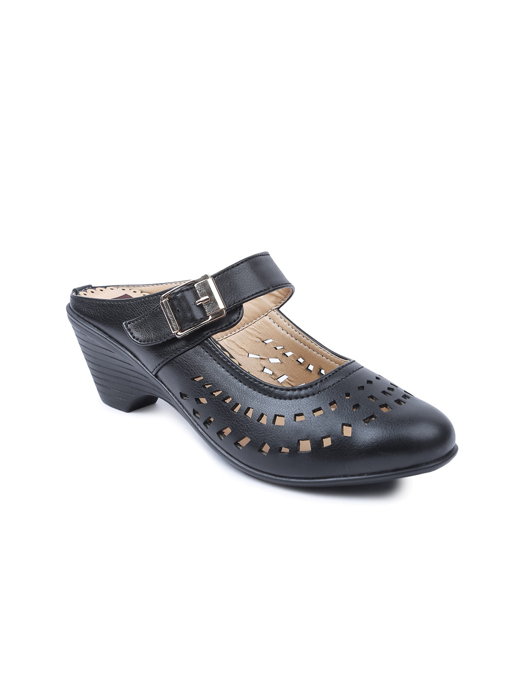 VALIOSAA Laser Cuts Block Heels Mary Janes