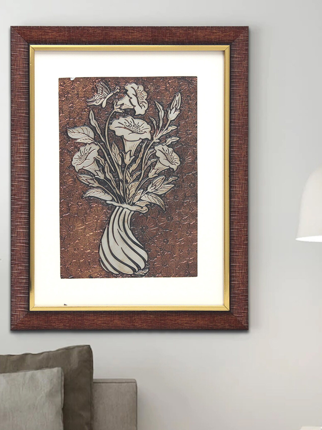 SHREE KALA HOME DECOR Brown & Beige Mystical Egypt Embossed Petunia Bouquet Foil Wall Art