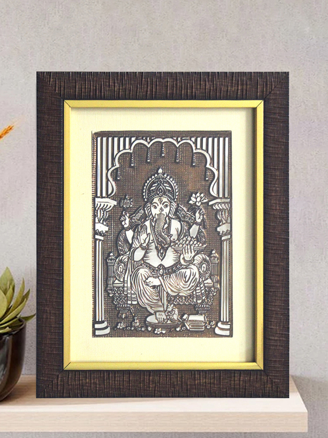 SHREE KALA HOME DECOR Brown & White Lord Ganesha Foil Painting Wall Art