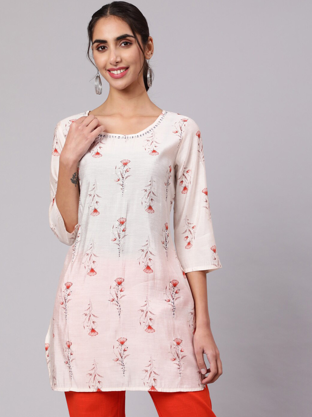 Jaipur Kurti Floral Printed Thread Work Chanderi Thread Work Kurtis