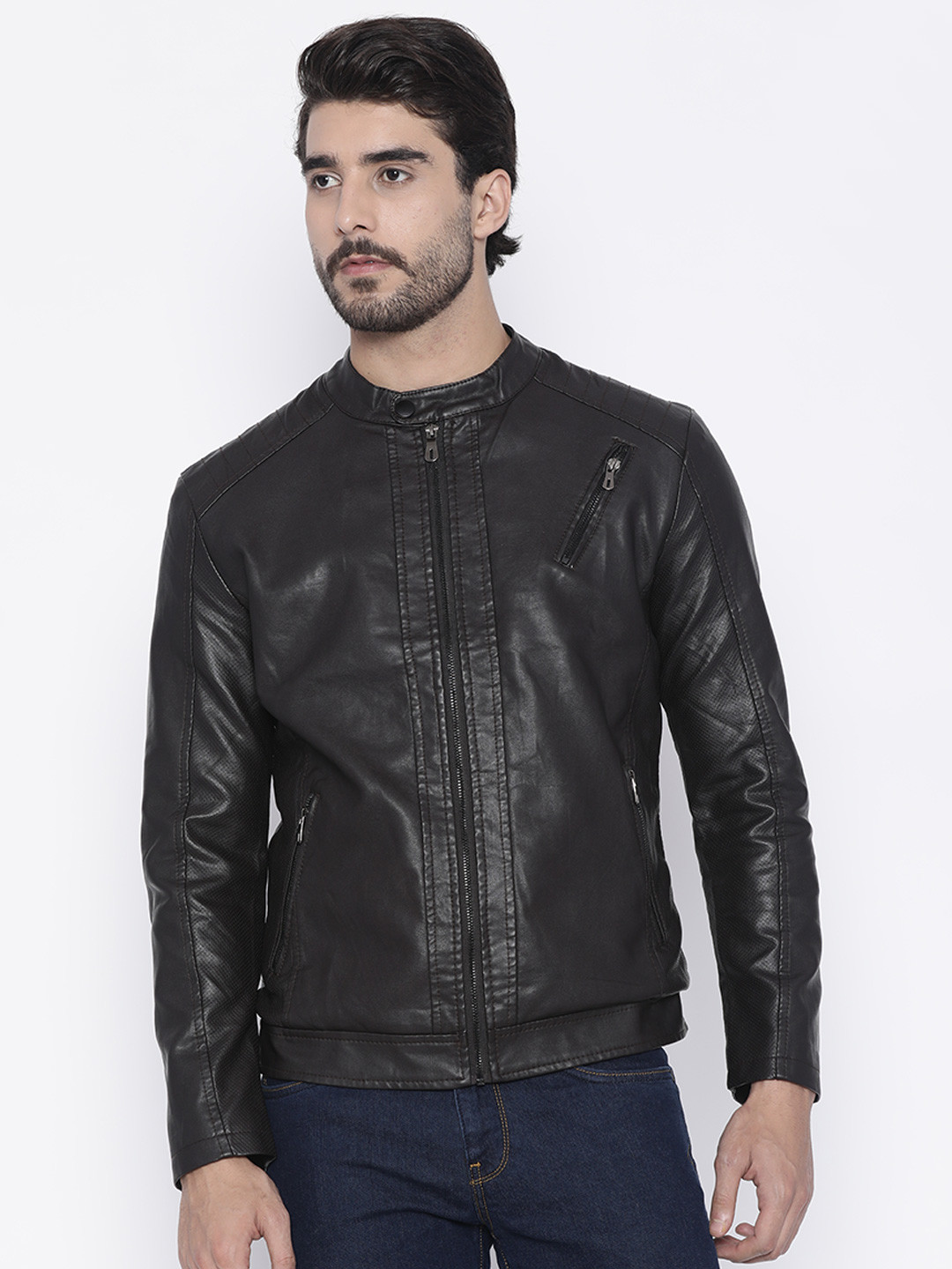 Men Brown Solid Biker Jacket - Jackets 