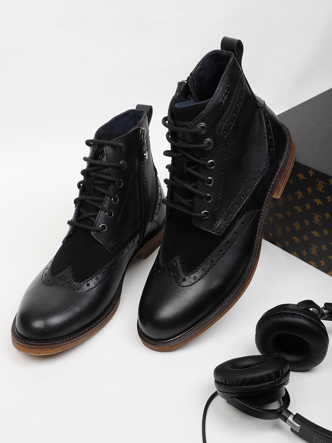 EZOK Men Leather Lace-Ups Biker Boots
