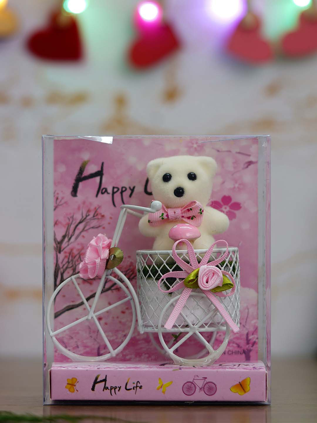 eCraftIndia White & Pink Cycle With Teddy Bear & Rose Valentine Day Gift