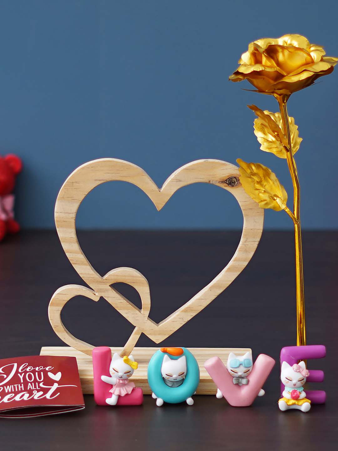 eCraftIndia Golden Rose 2 Hearts Wooden Showpiece & Love Figurine Set