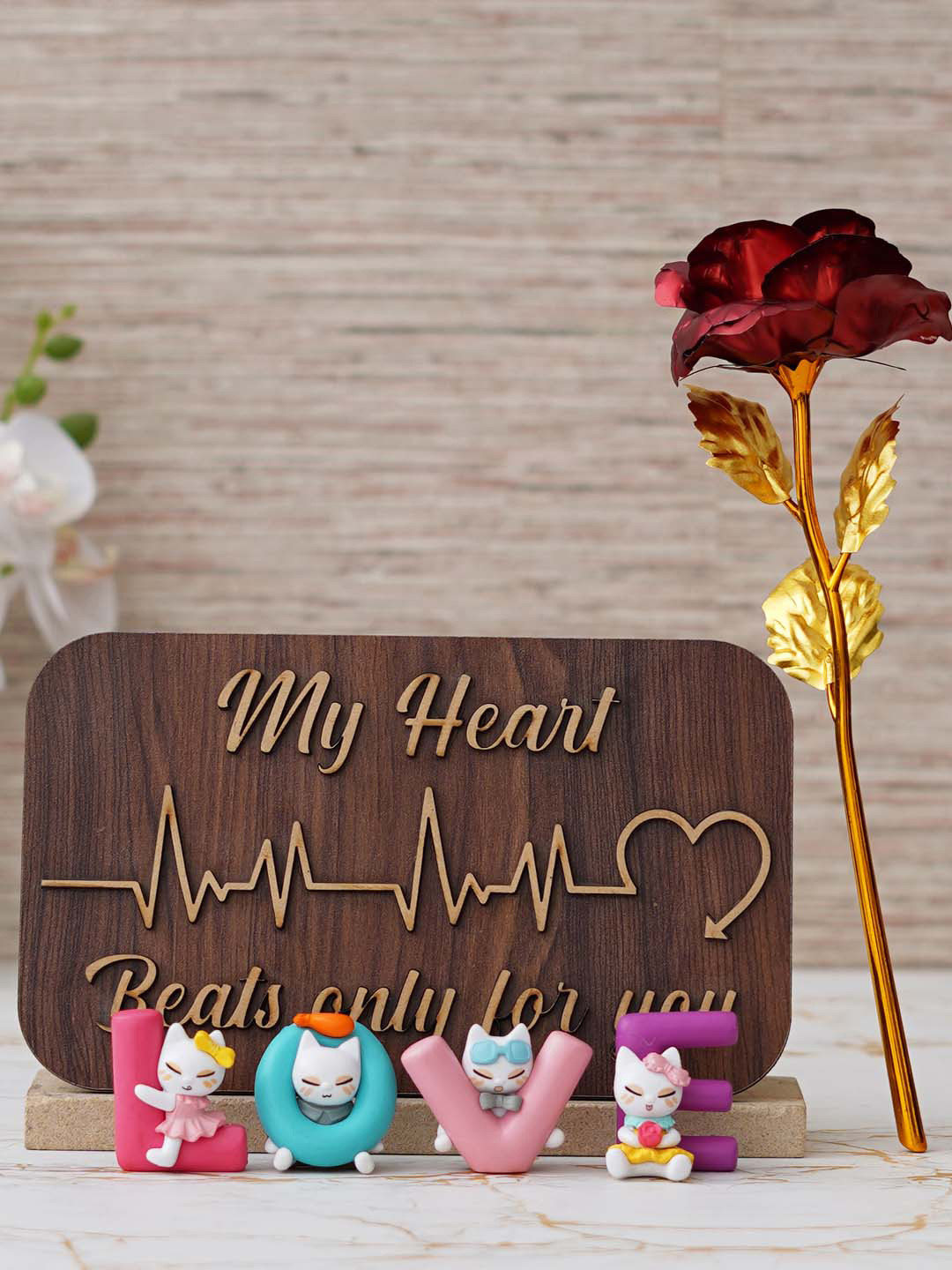eCraftIndia Red Rose My Heart Beats for You & Love Showpieces Valentine's Gift Set