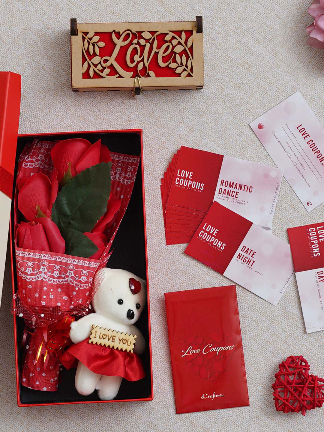 eCraftIndia Valentine Pack Of 12 Coupons Gift Cards & Wooden Gift Box Set