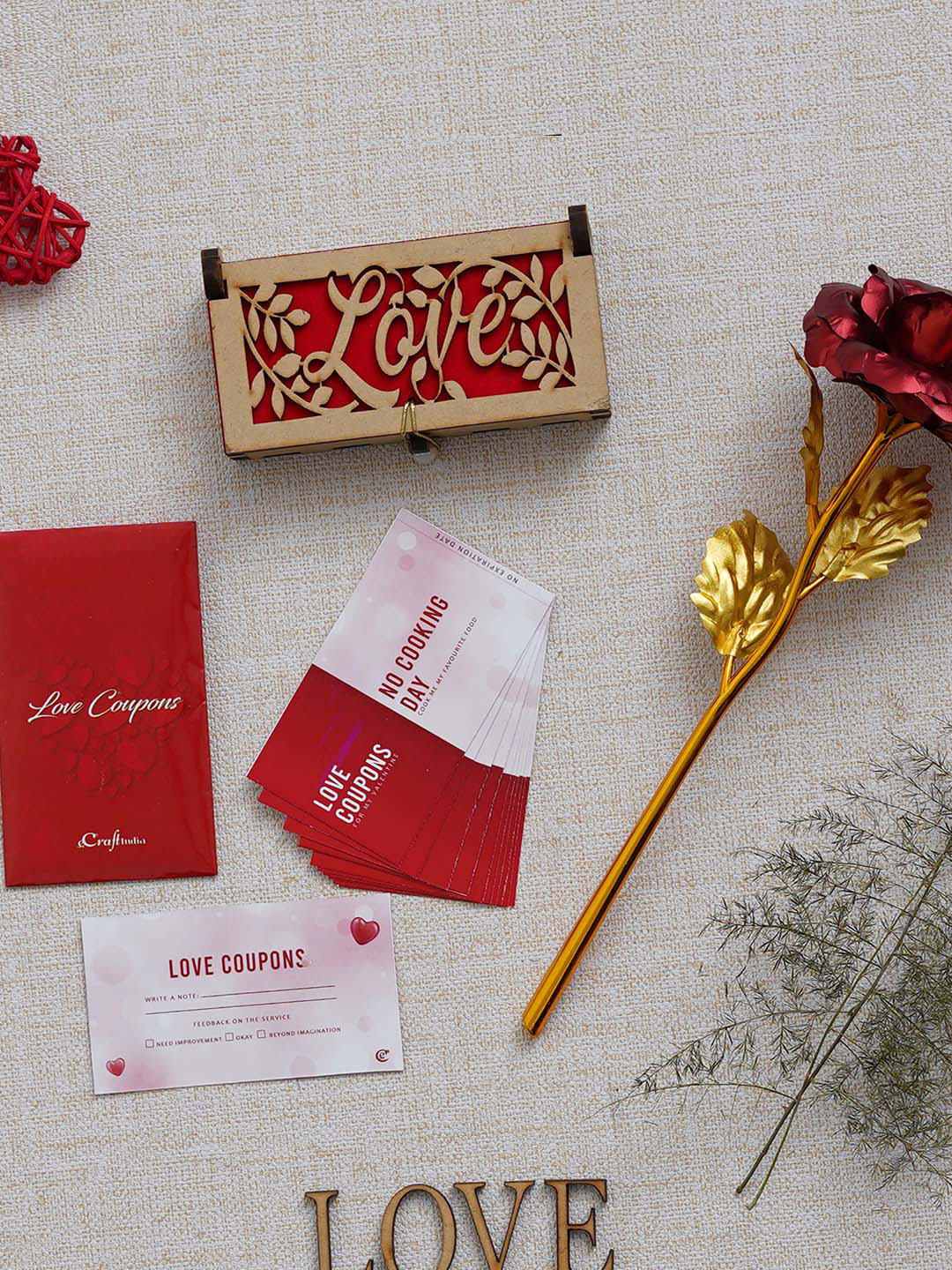 eCraftIndia Valentine Pack Of 12 Coupons Gift Cards Set Of Rose & Showpiece Gift Set