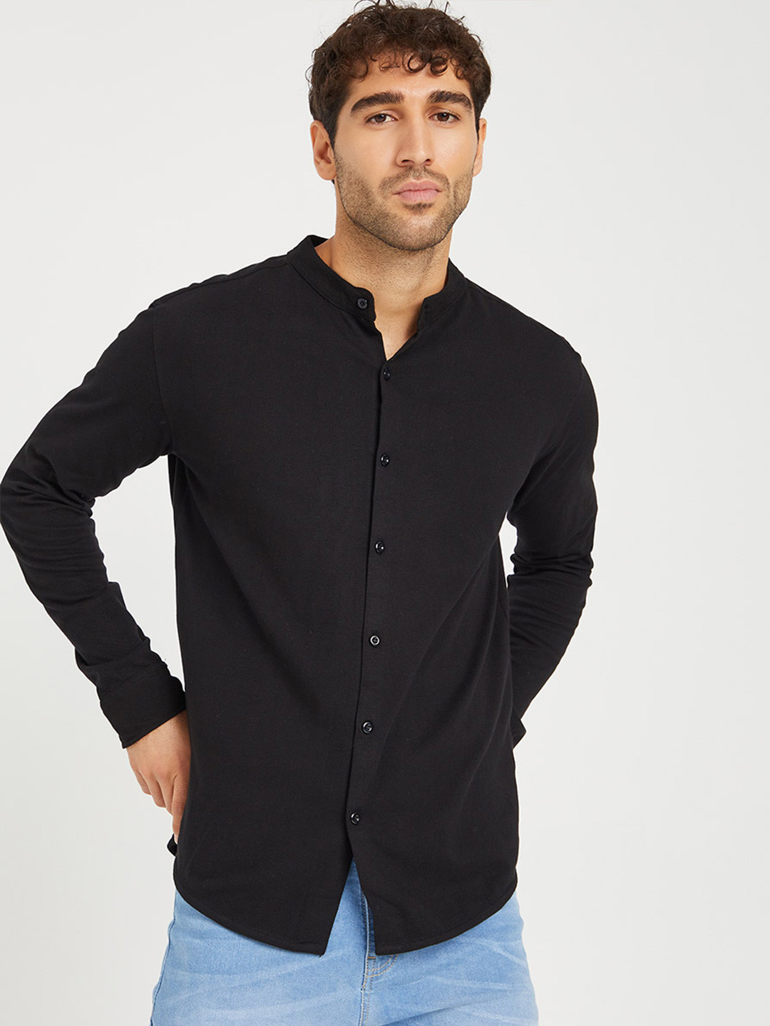 Styli Solid Grandad Collar Knitted Shirt