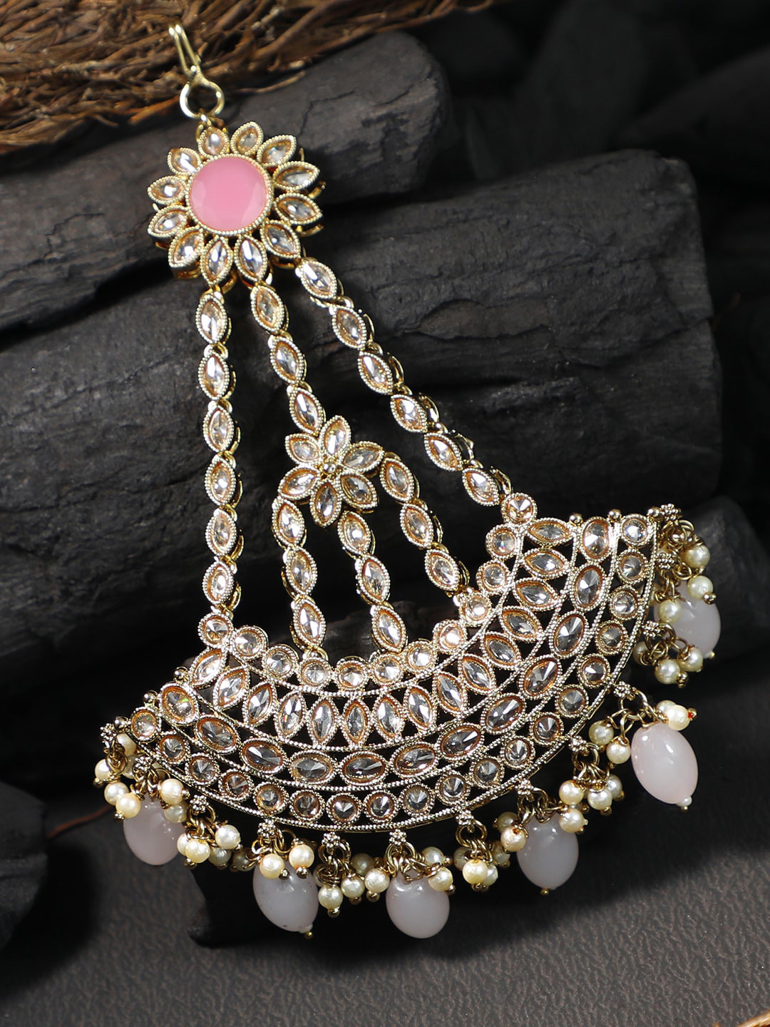 Adwitiya Collection Gold-Plated Stone Studded & Beaded Jhumar Passa