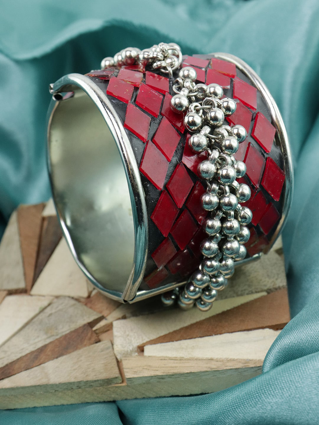 VAGHBHATT Silver-Plated  Jhumki Mirror Afghani Bangle