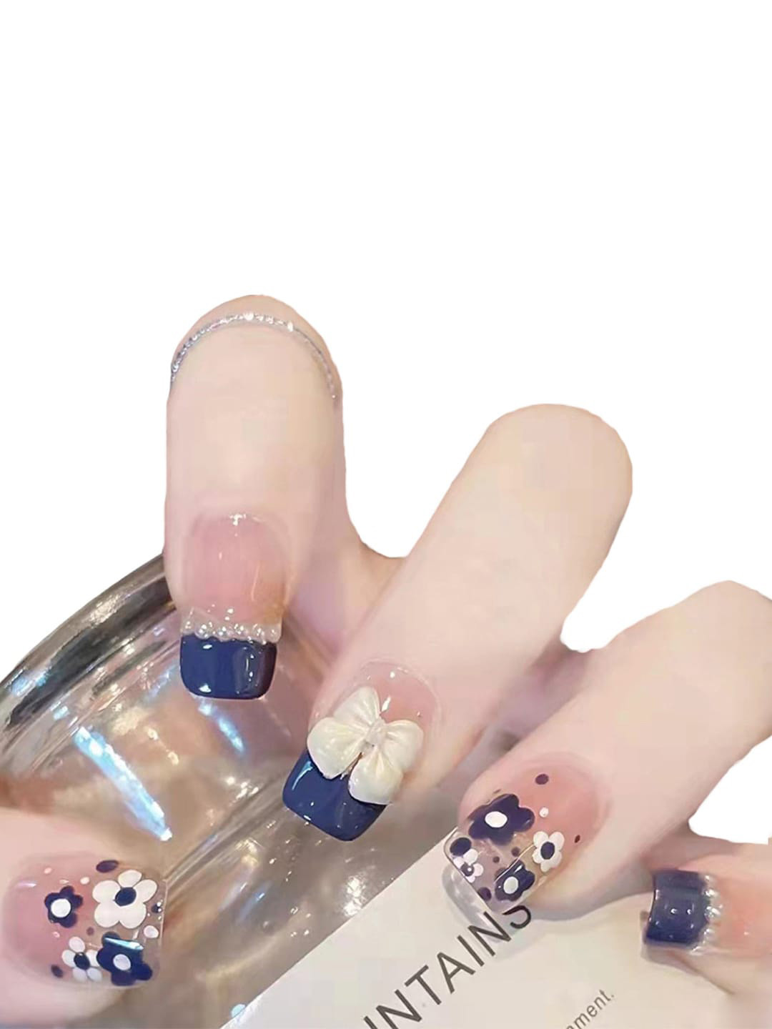 Secret Lives Translucent 24 Pieces of Fake Nails With Bow & Pearls