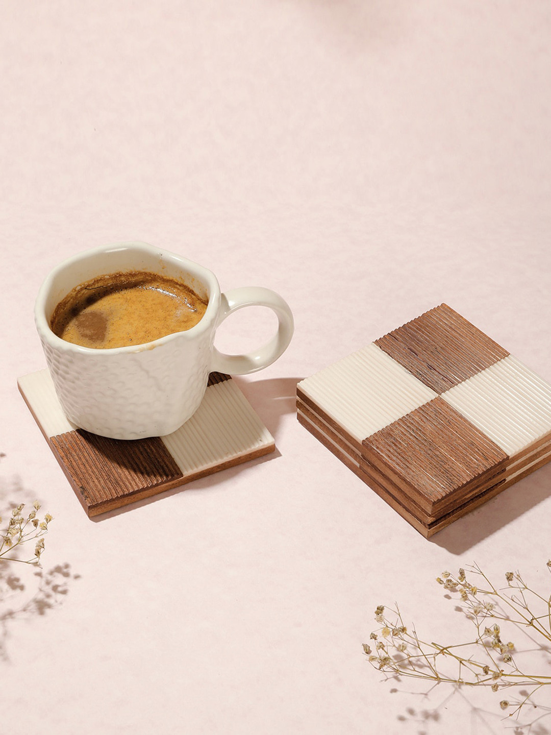 Fabindia 4 Pieces White & Brown-Toned Printed Square Wooden Coasters