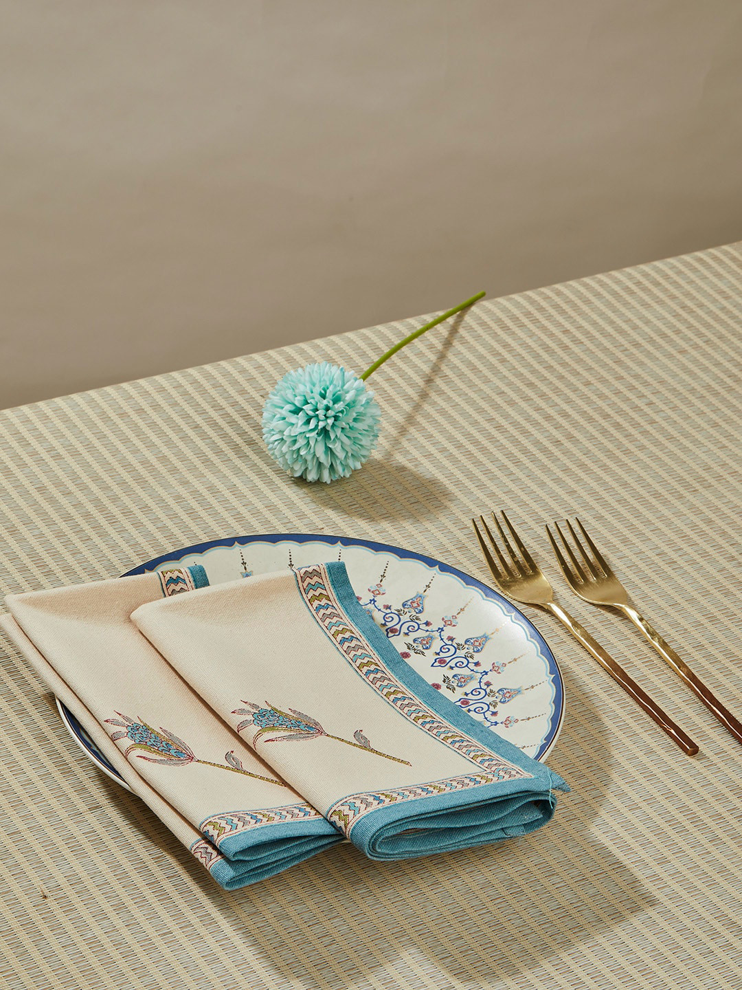 Fabindia Beige & Blue 6-Pcs Printed Cotton Table Napkins