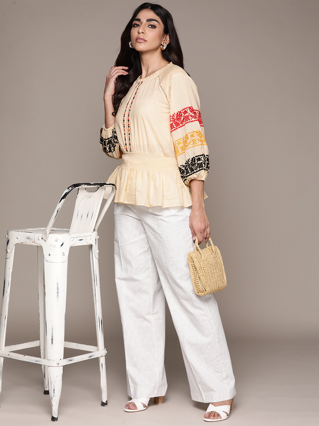 Label Ritu Kumar Beige Floral Print Smocked Peplum Top