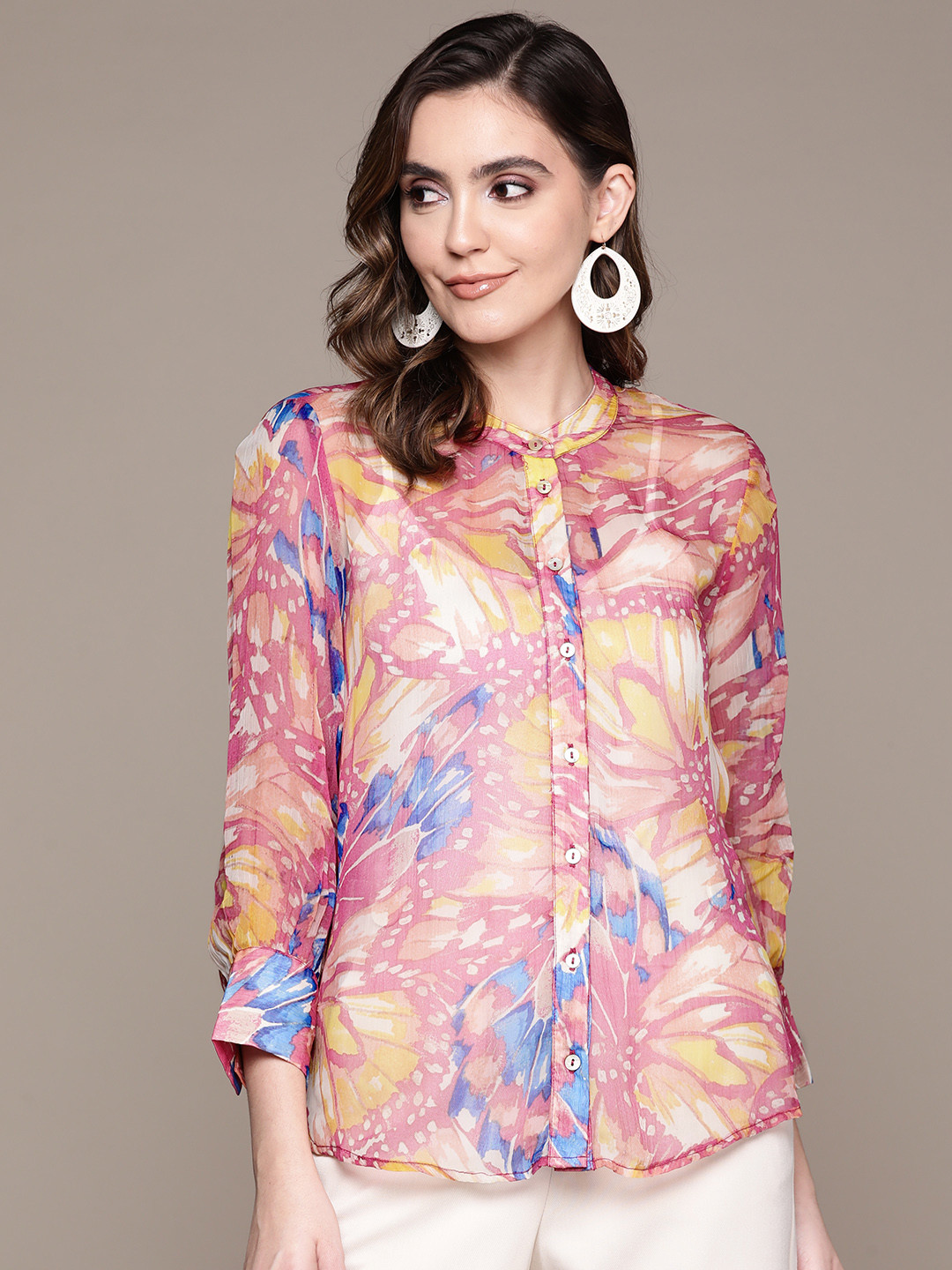 Label Ritu Kumar Pink Floral Print Mandarin Collar Chiffon Shirt Style Top with Inner