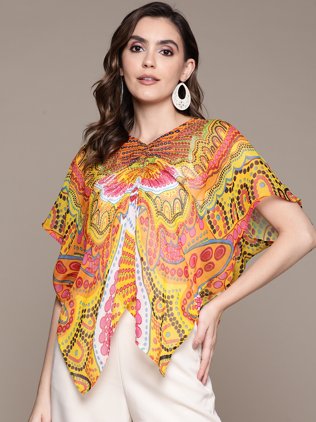 Label Ritu Kumar Yellow Floral Print Georgette Kaftan Top with Inner