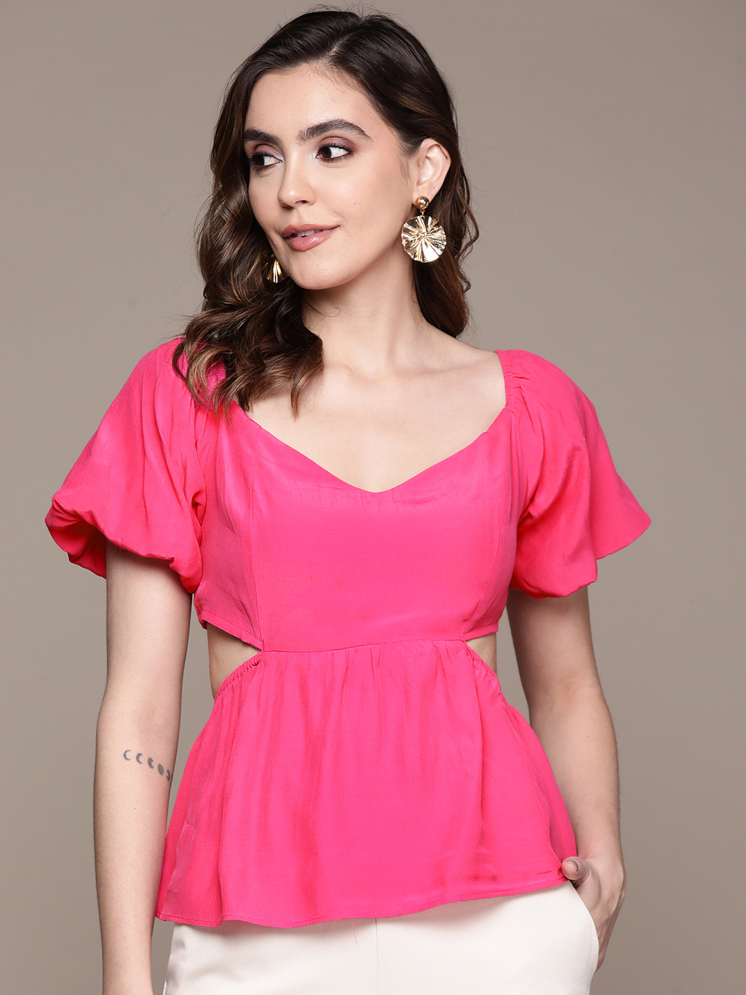 Label Ritu Kumar Fuchsia Sweetheart Neck Crepe Styled Back Top