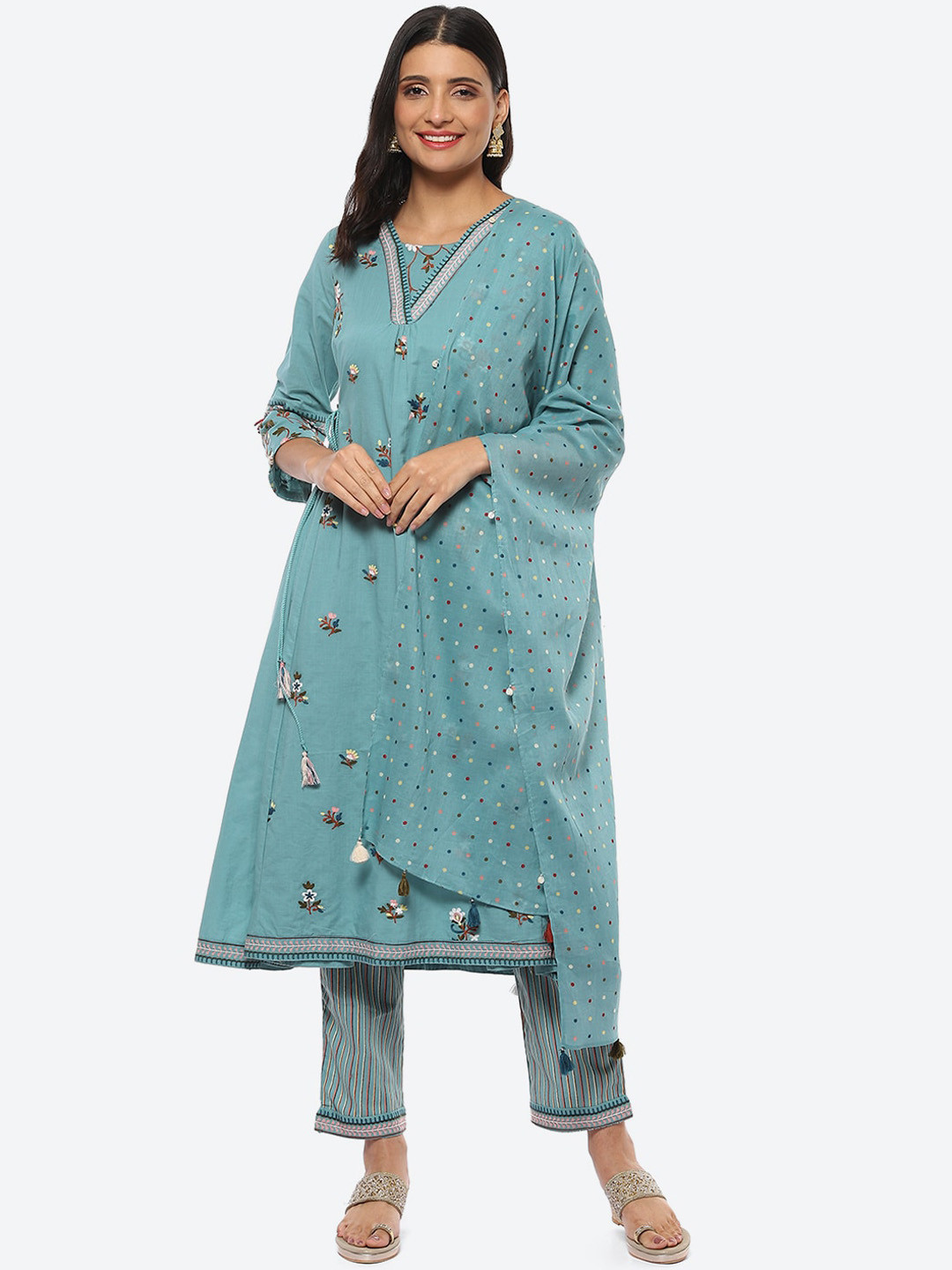 Biba Women Plus Size Floral Embroidered Thread Work Kurta With Trousers & Dupatta