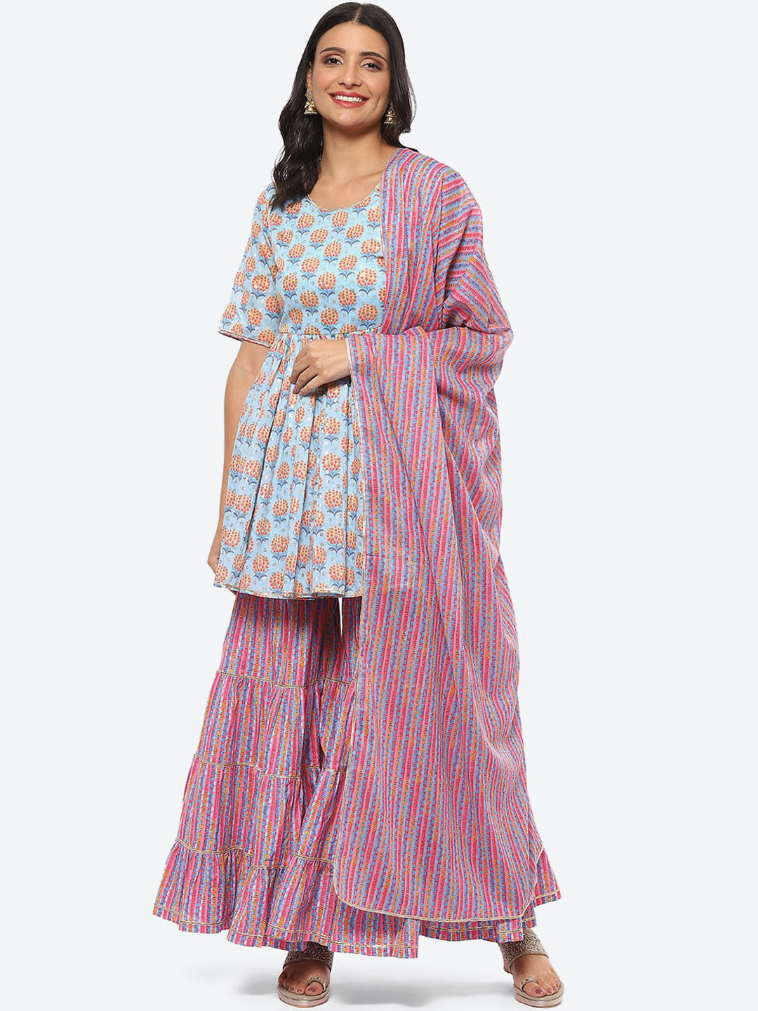 Biba Women Blue Floral Printed Kurta with Sharara & Dupatta Set