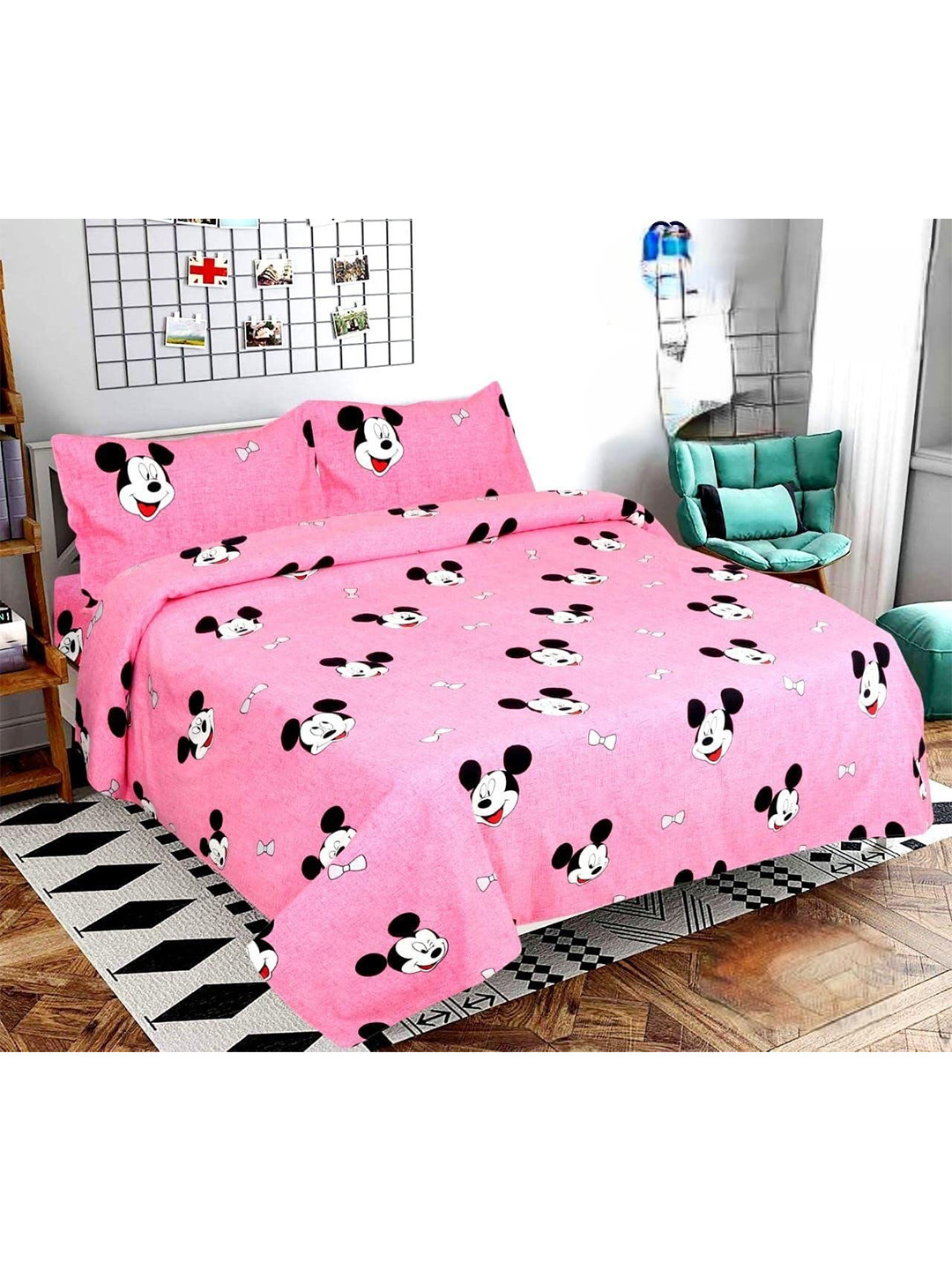Bajo's Pink Cartoon Characters Polycotton 210 TC Queen Fine Bedsheet with 2 Pillow Covers-89 x 98 inches